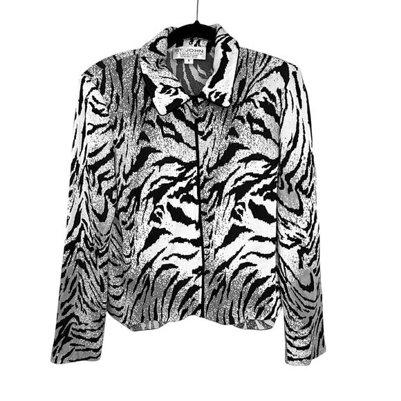 St John Collection Jacket Marie Gray Women size 8 Black White Zebra Slinky Knit - Picture 1 of 12